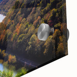 Large abstract wall art depicting West Virginia scenery in mid-century modernist style on acrylic glass.