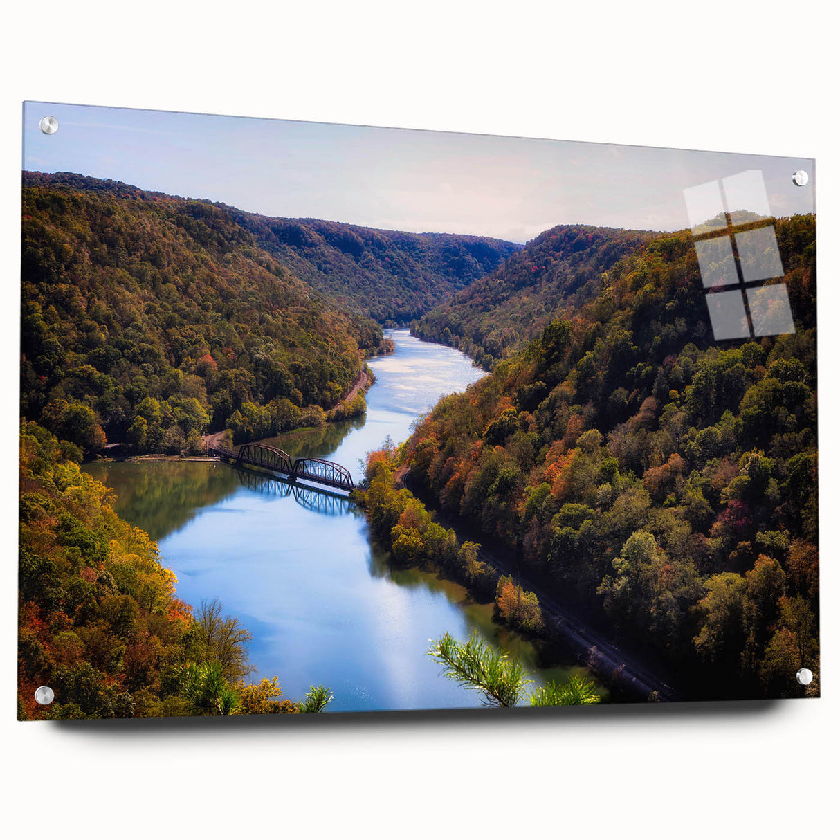 Acrylic print of a West Virginia landscape in muted green and blue tones, ideal for dining room decor.