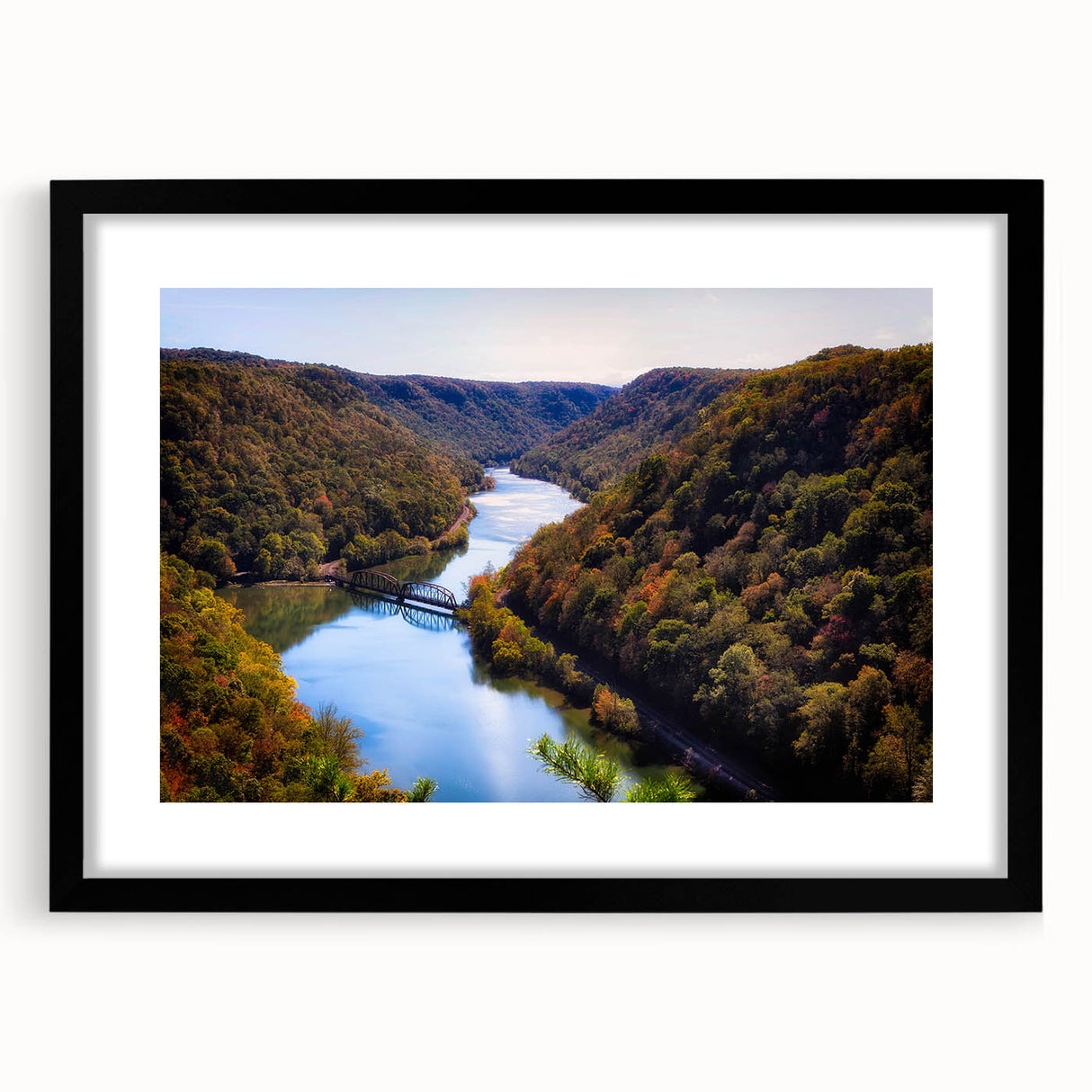 Extra large abstract art print of West Virginia scenery in vibrant colors on a black framed canvas.