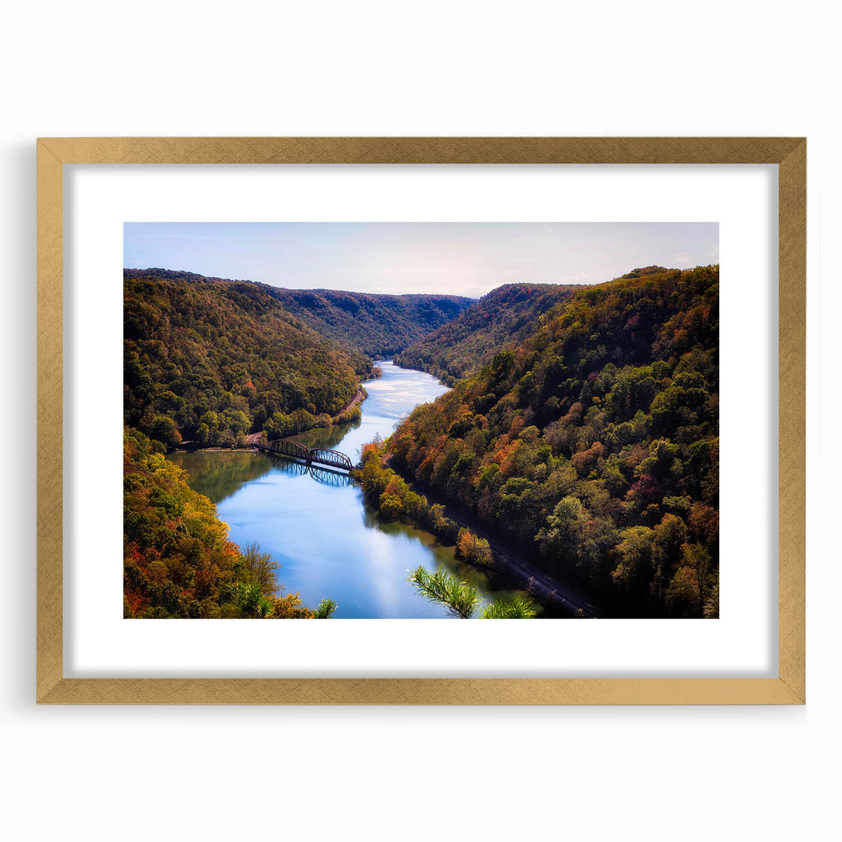 Extra large abstract art print of a textured West Virginia landscape in muted earth tones, framed in gold.