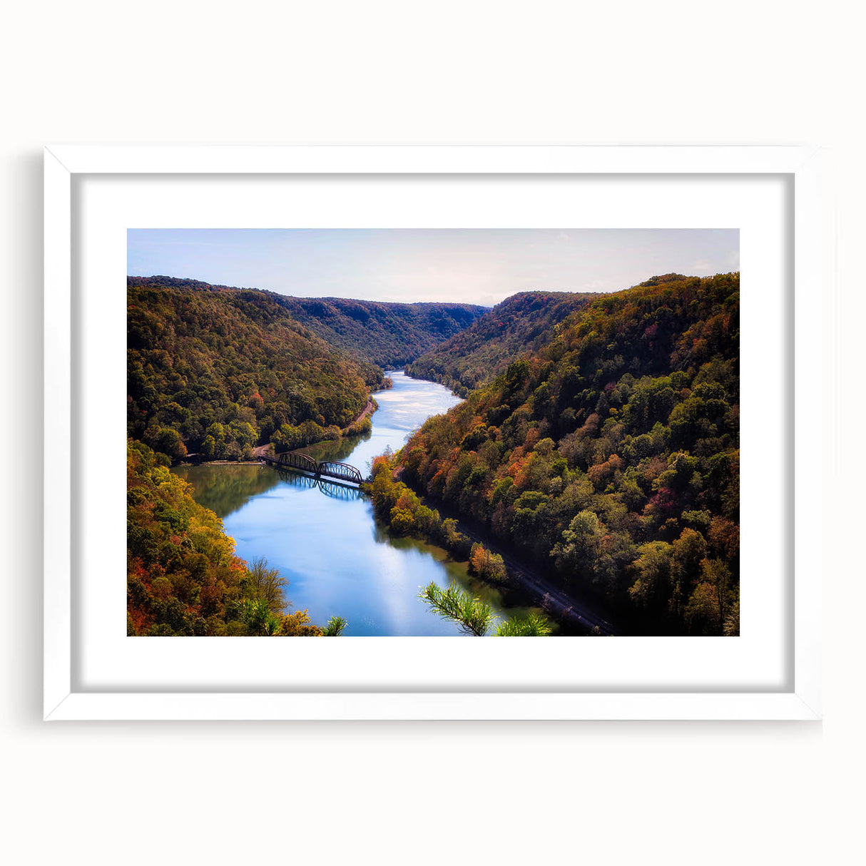 Abstract art print of West Virginia scenery in muted earth tones on a framed white mat, ideal for dining room decor.