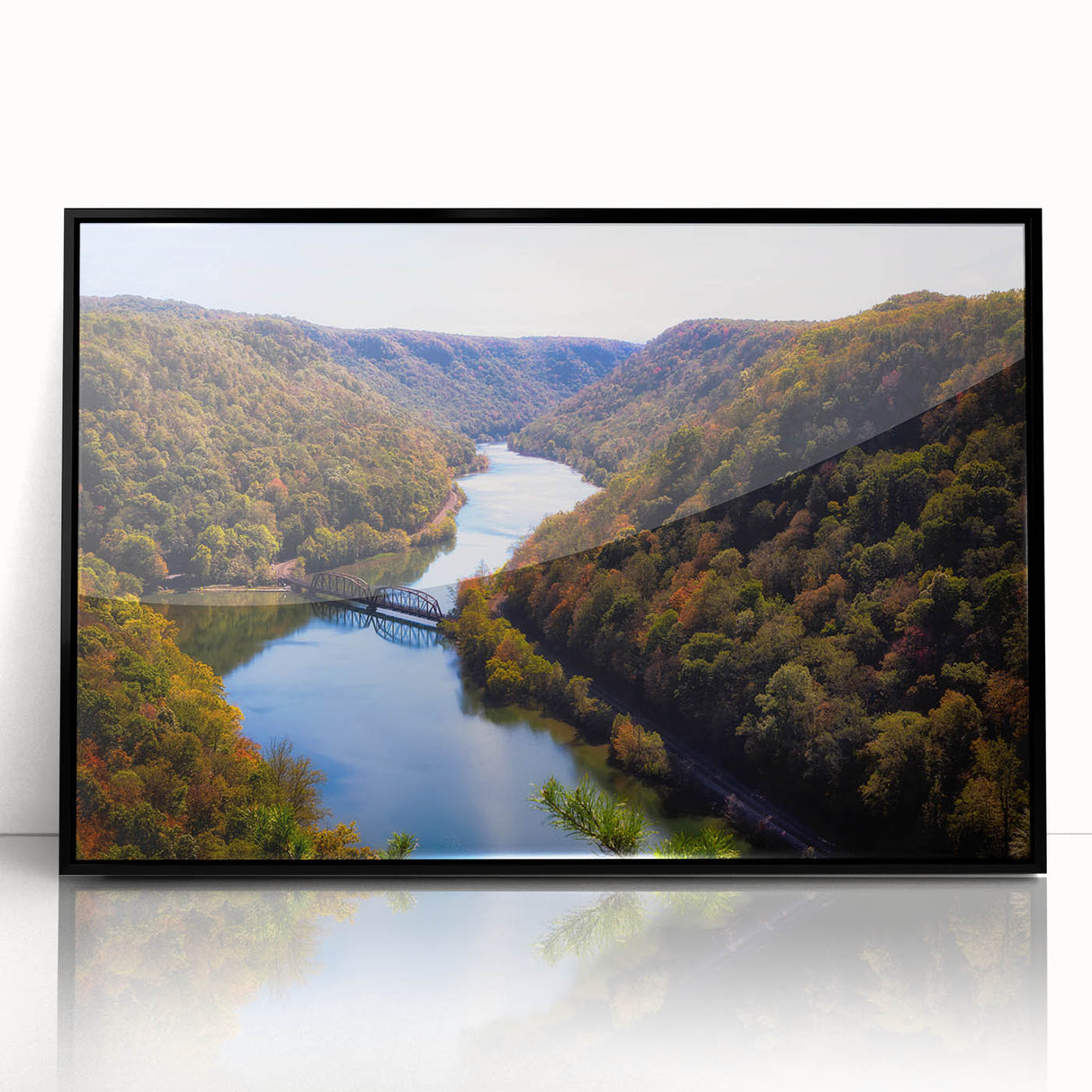 Large abstract wall art depicting West Virginia scenery in muted earth tones on a framed acrylic.