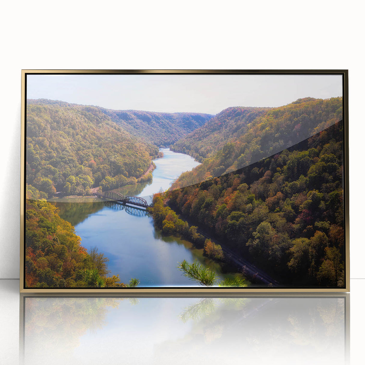 Framed acrylic print of a West Virginia landscape in gold tones, ideal for modern art wall decor.