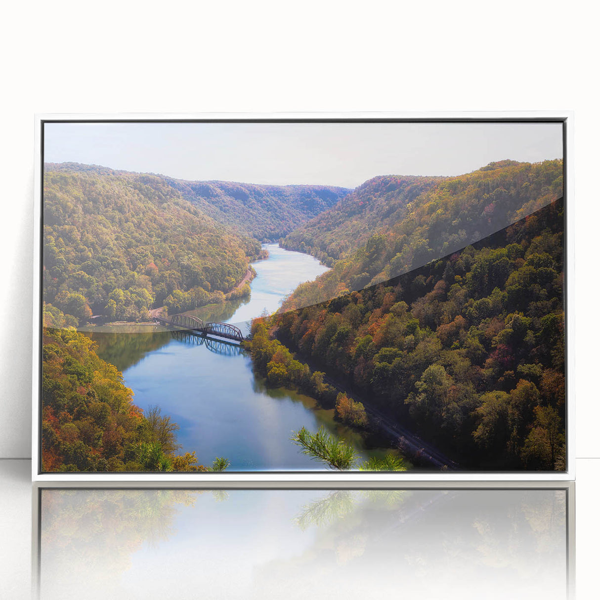 Acrylic print of a serene West Virginia landscape, framed in white, ideal for modern nursery wall decor.