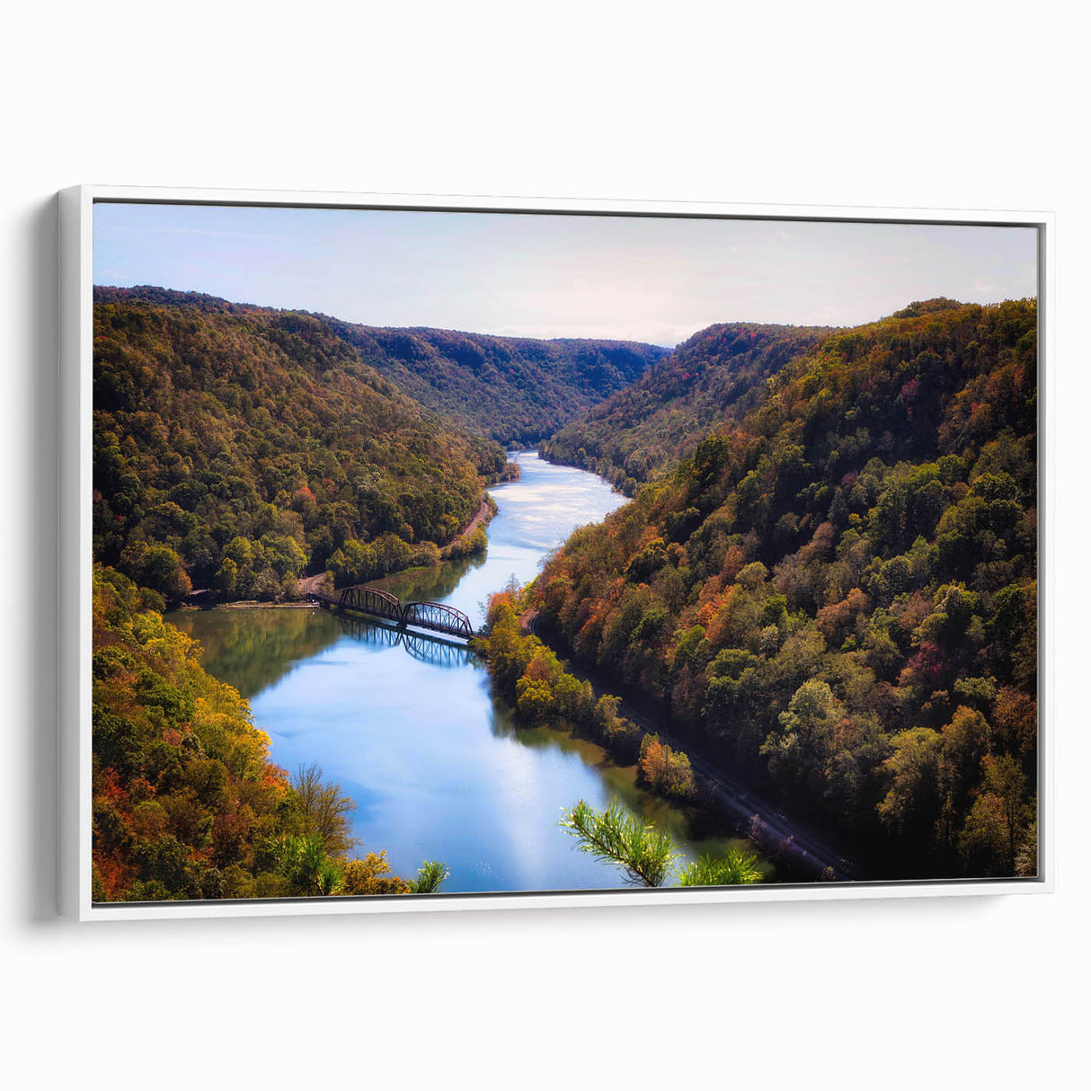 Vintage poster art of West Virginia scenery in vibrant colors on a large framed canvas, ideal for living room decor.