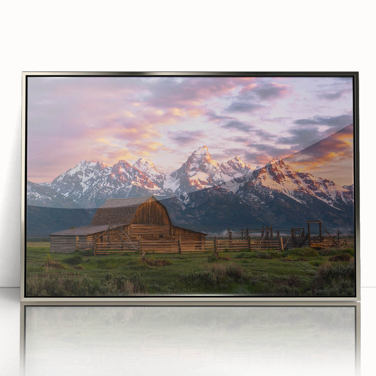 Mid-century modernist art depicting the Grand Tetons in muted earth tones on a framed acrylic, ideal for nursery wall art.