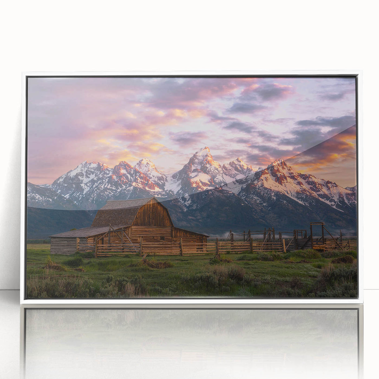 Acrylic print of Grand Tetons scenery in muted earth tones, framed in white, suitable as modern art wall decor.