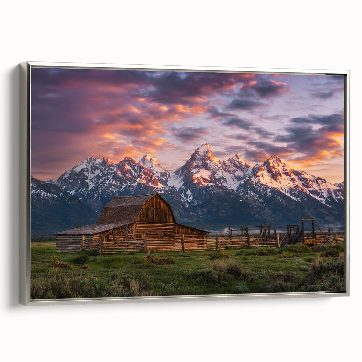 Framed canvas landscape art painting depicting Wyoming's Grand Tetons in vibrant hues, ideal for living room decor.