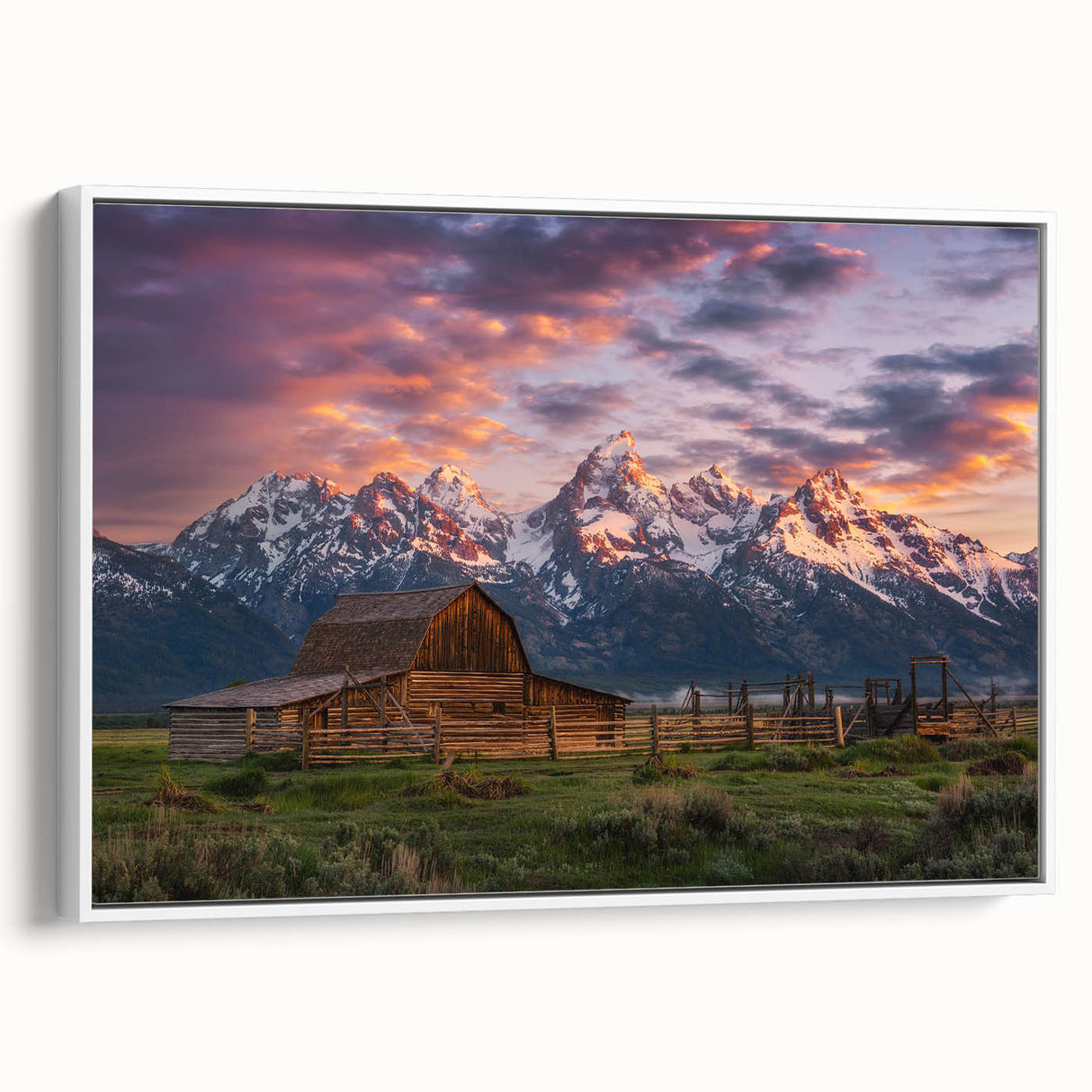 Vintage poster art of the Grand Tetons in Wyoming, featuring muted earth tones on a framed canvas.