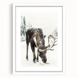 Abstract art print depicting a winter scene in muted blue and white tones on a framed canvas.