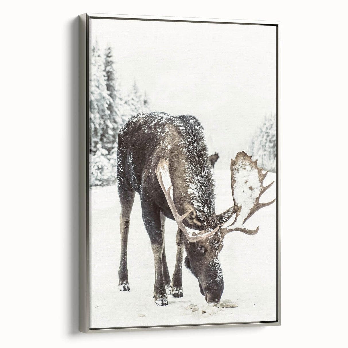 Winter landscape art painting on a framed canvas, featuring muted blue and white tones, ideal for living room decor.