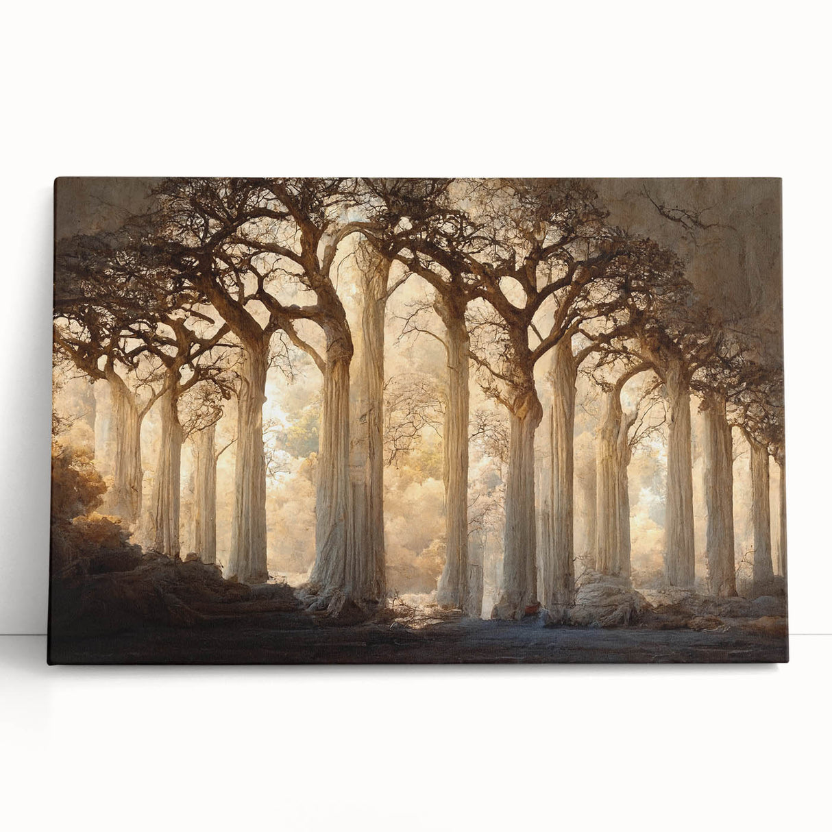 Vibrant abstract floral wall art on a stretched canvas, featuring bold colors and intricate patterns, leaning against a wall in a modern setting. Ideal for contemporary decor.