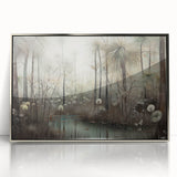 Framed abstract landscape wall art featuring a silver acrylic finish, showcasing vibrant colors and fluid shapes, perfect for modern home decor.