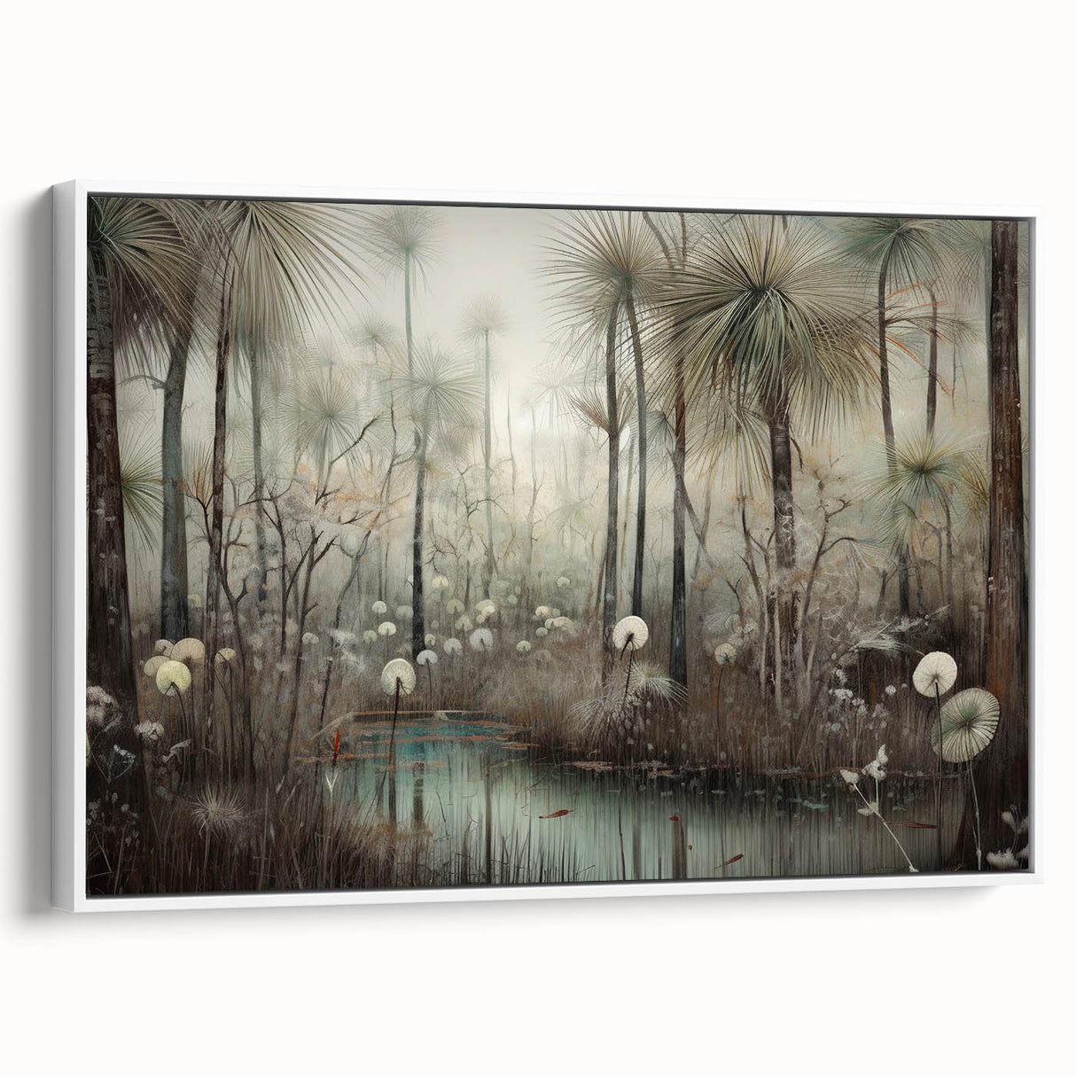 Abstract landscape wall art framed canvas showcasing a serene blend of soft hues and intricate patterns, perfect for modern home decor. The white frame adds elegance, enhancing its visual appeal in any setting.