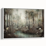 Abstract landscape wall art framed canvas showcasing a serene blend of soft hues and intricate patterns, perfect for modern home decor. The white frame adds elegance, enhancing its visual appeal in any setting.