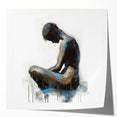 Abstract figurative art print showcasing vibrant colors and dynamic shapes, displayed in a glossy mockup setting, perfect for modern home decor and artistic spaces.
