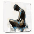 Abstract figurative acrylic artwork displayed in a side view, featuring vibrant colors and dynamic shapes, secured with pins on a glass panel, ideal for modern decor.