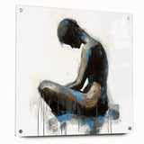 Abstract figurative acrylic artwork displayed in a side view, featuring vibrant colors and dynamic shapes, secured with pins on a glass panel, ideal for modern decor.