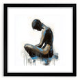Abstract figurative artwork framed in a sleek black mat, showcasing vibrant colors and dynamic shapes, perfect for modern home decor or gallery display.