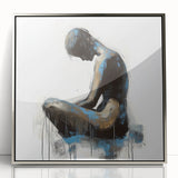 Framed acrylic artwork displaying an abstract figurative design with silver accents, ideal for modern decor. The piece features a sleek front view, showcasing vibrant colors and intricate details that enhance any interior space.