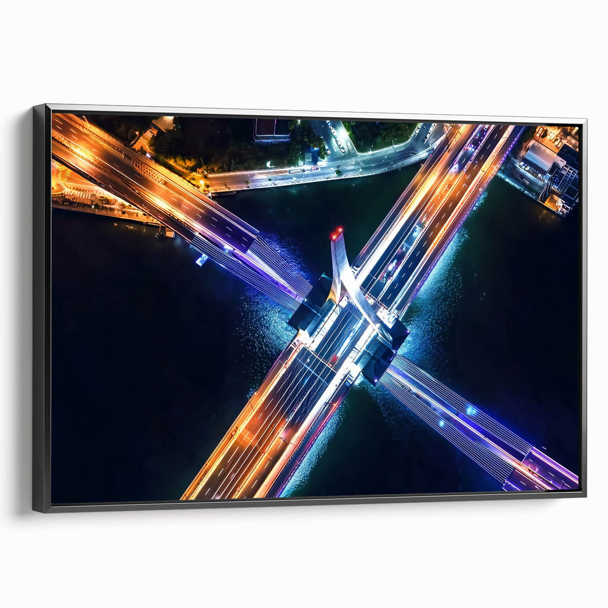 Framed canvas artwork of a landscape bridge in a serene natural setting, showcasing vibrant colors and intricate details, ideal for home decor enthusiasts.