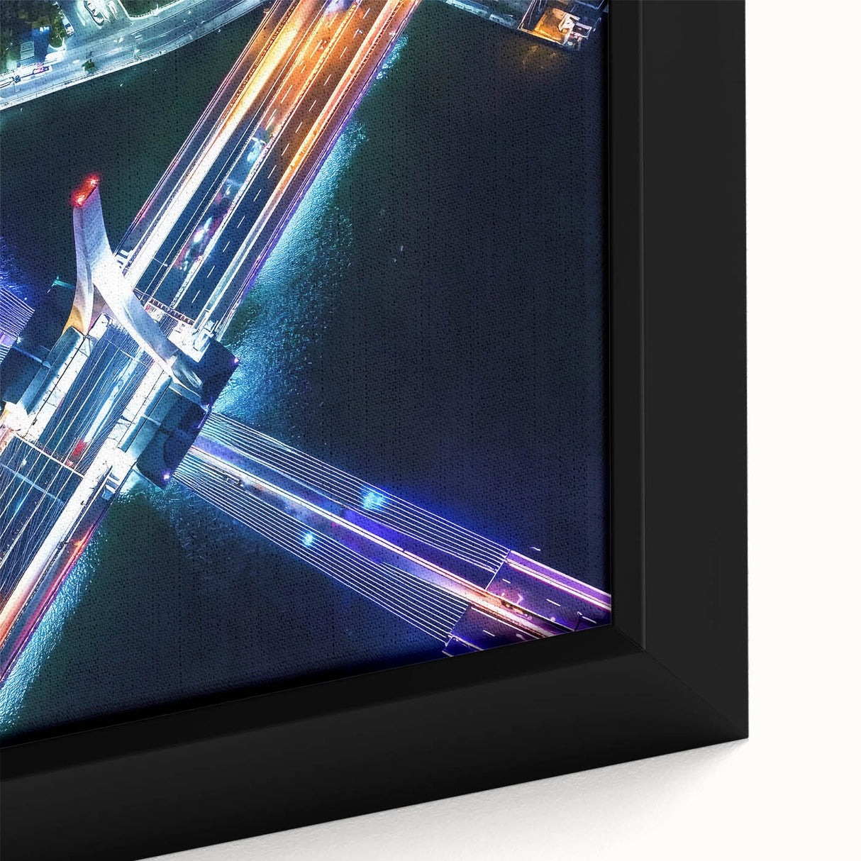 Close-up of a framed canvas artwork depicting a tranquil landscape bridge scene, showcasing vibrant colors and intricate details, ideal for home decor enthusiasts.