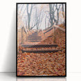 Large abstract wall art depicting autumnal trees in muted orange and brown, framed in black acrylic.
