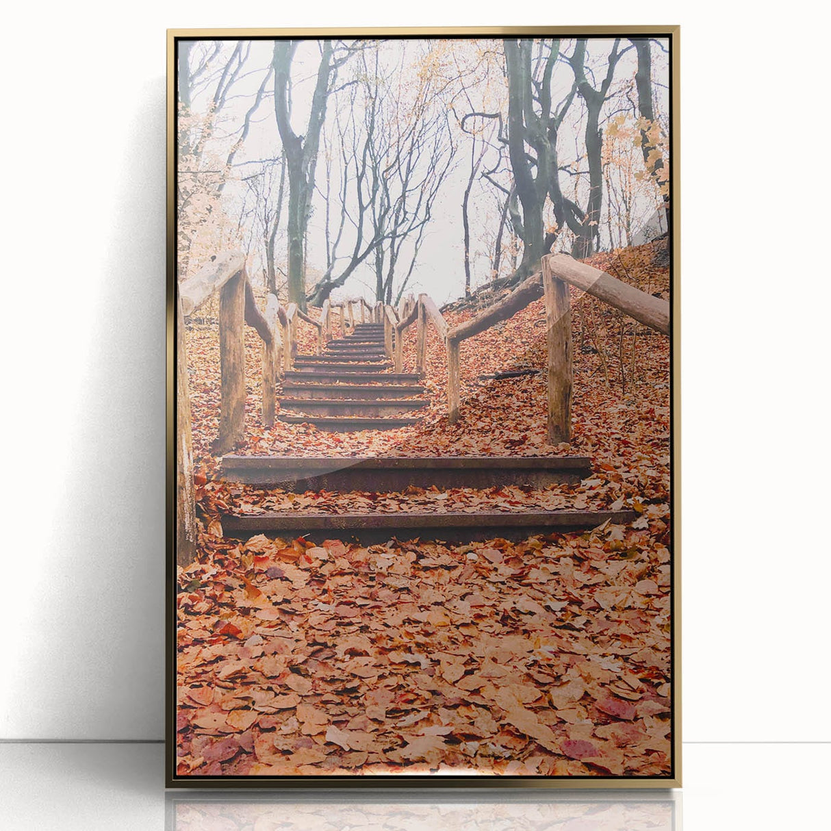Large art print of a mid-century modernist fall scene in warm golden hues, framed in acrylic, ideal for nursery wall decor.
