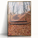 Large art print of a mid-century modernist fall scene in warm golden hues, framed in acrylic, ideal for nursery wall decor.