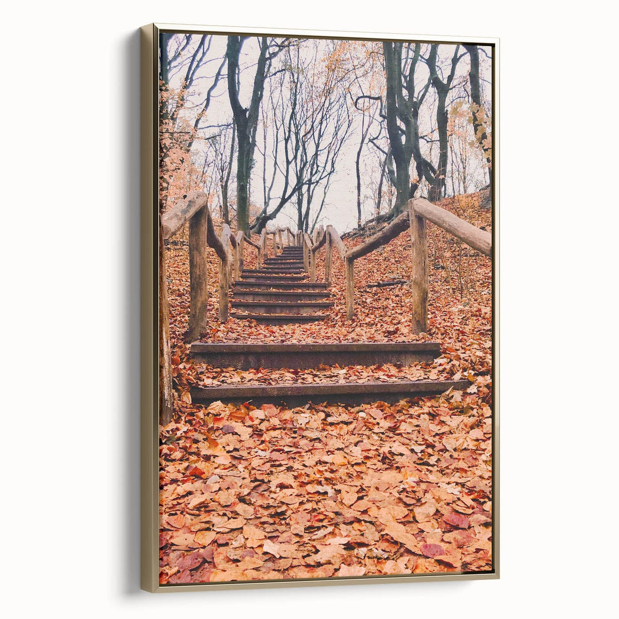 Framed canvas depicting a vintage-style landscape with autumnal trees in muted gold and black tones, ideal for bedroom decor.