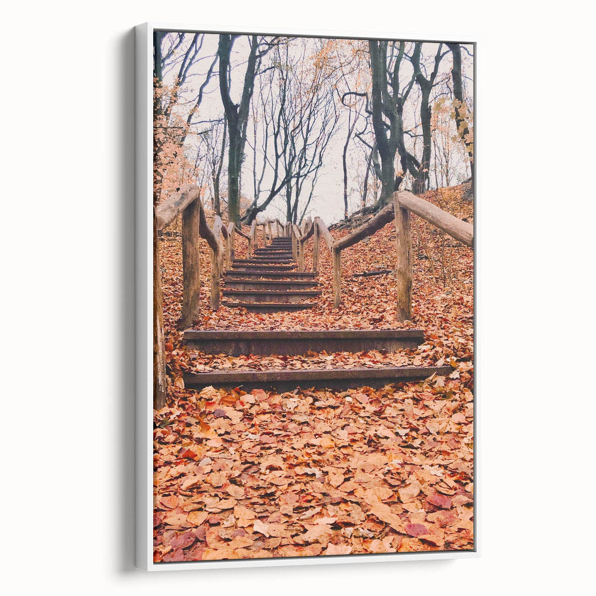 Vintage poster art of fall season on extra large framed canvas, featuring colorful leaves against a black background.