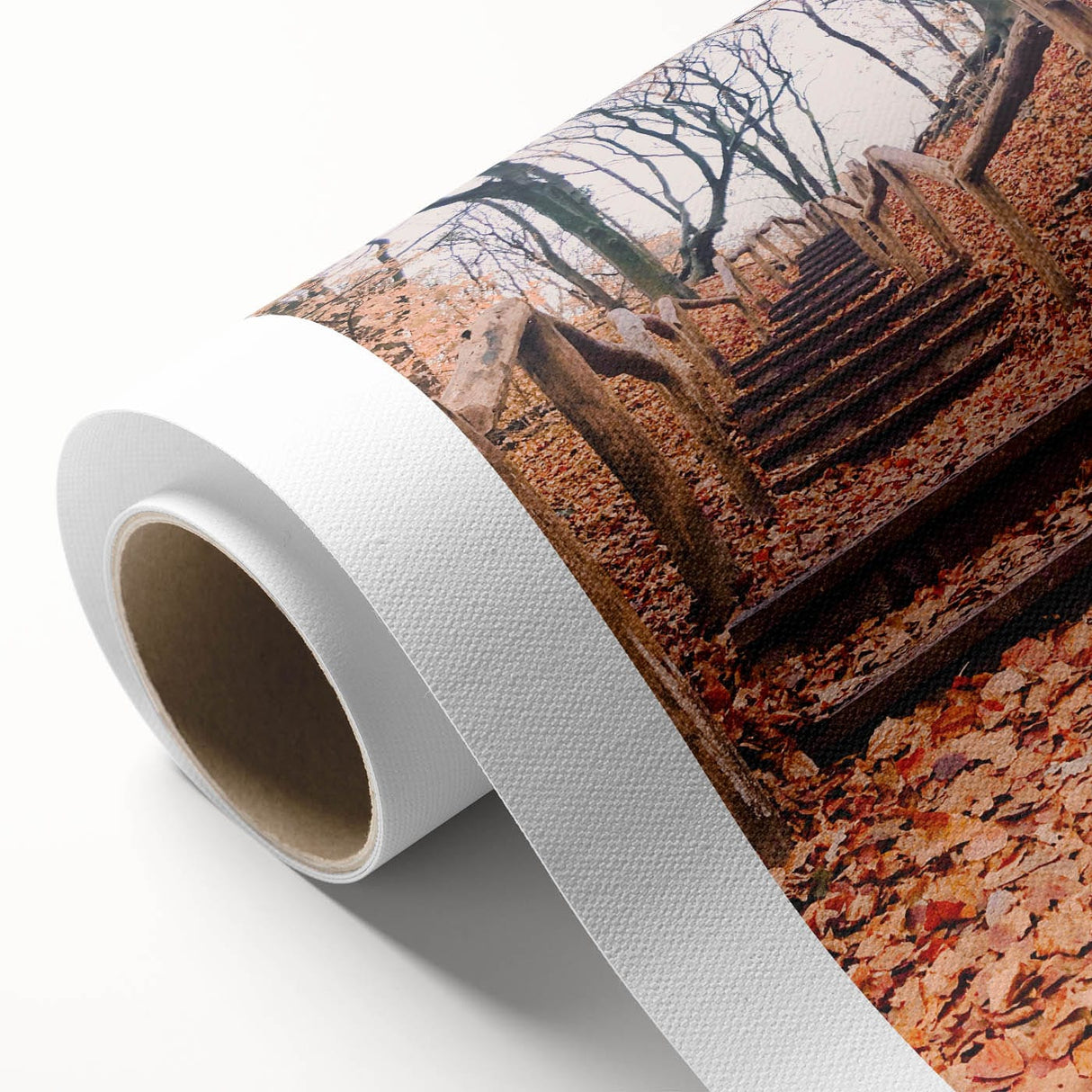 Art deco poster of an autumnal tree, in warm orange and yellow tones, on rolled canvas, ideal for nursery wall decor.