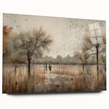 Abstract landscape wall art displayed in a sleek acrylic glass frame, showcasing vibrant hues of blue and green, perfect for modern home decor.