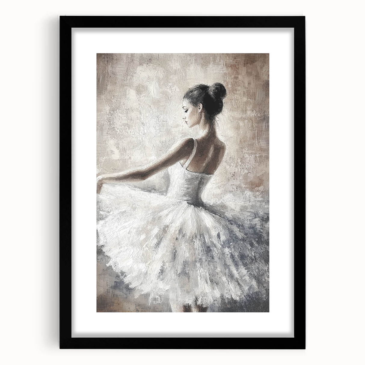 Abstract figurative artwork framed in a sleek black mat, showcasing vibrant colors and dynamic shapes, ideal for modern home decor or art enthusiasts.