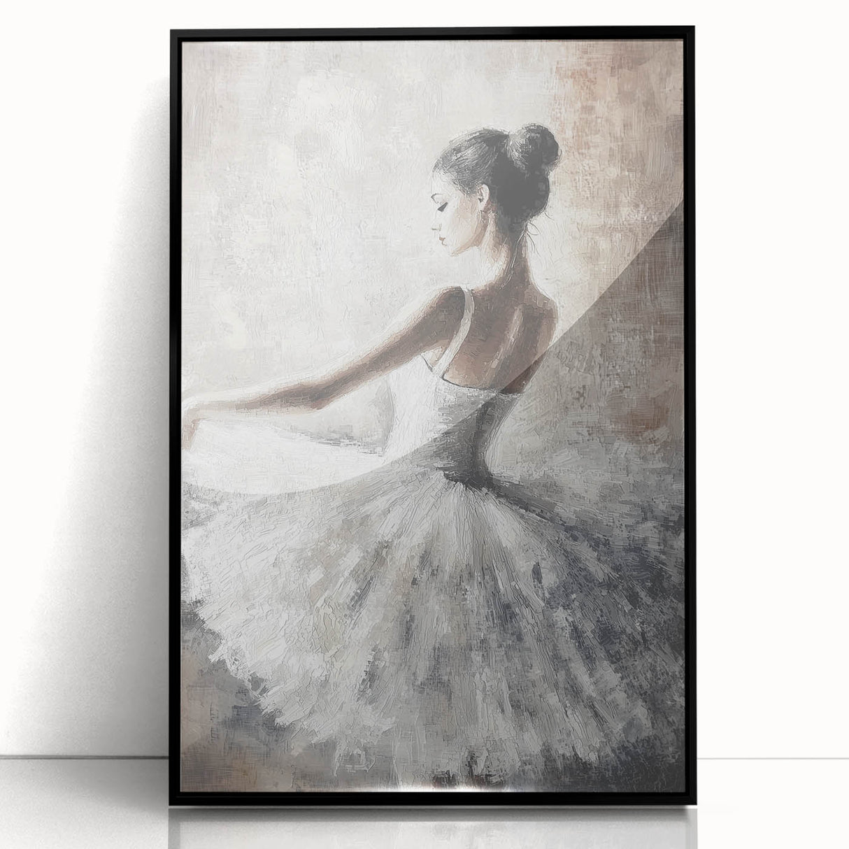 Framed abstract figurative artwork with a black acrylic frame, showcasing vibrant colors and dynamic shapes, perfect for modern home decor.