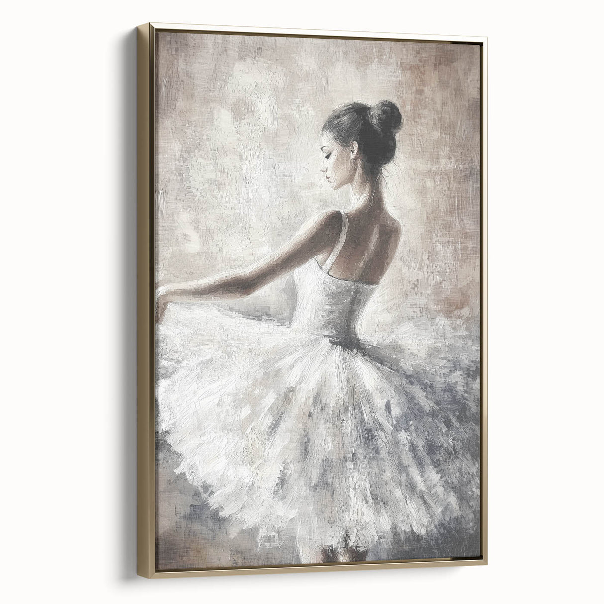 Framed abstract figurative canvas artwork with a gold border, showcasing dynamic shapes and colors, ideal for contemporary home decor and art enthusiasts.