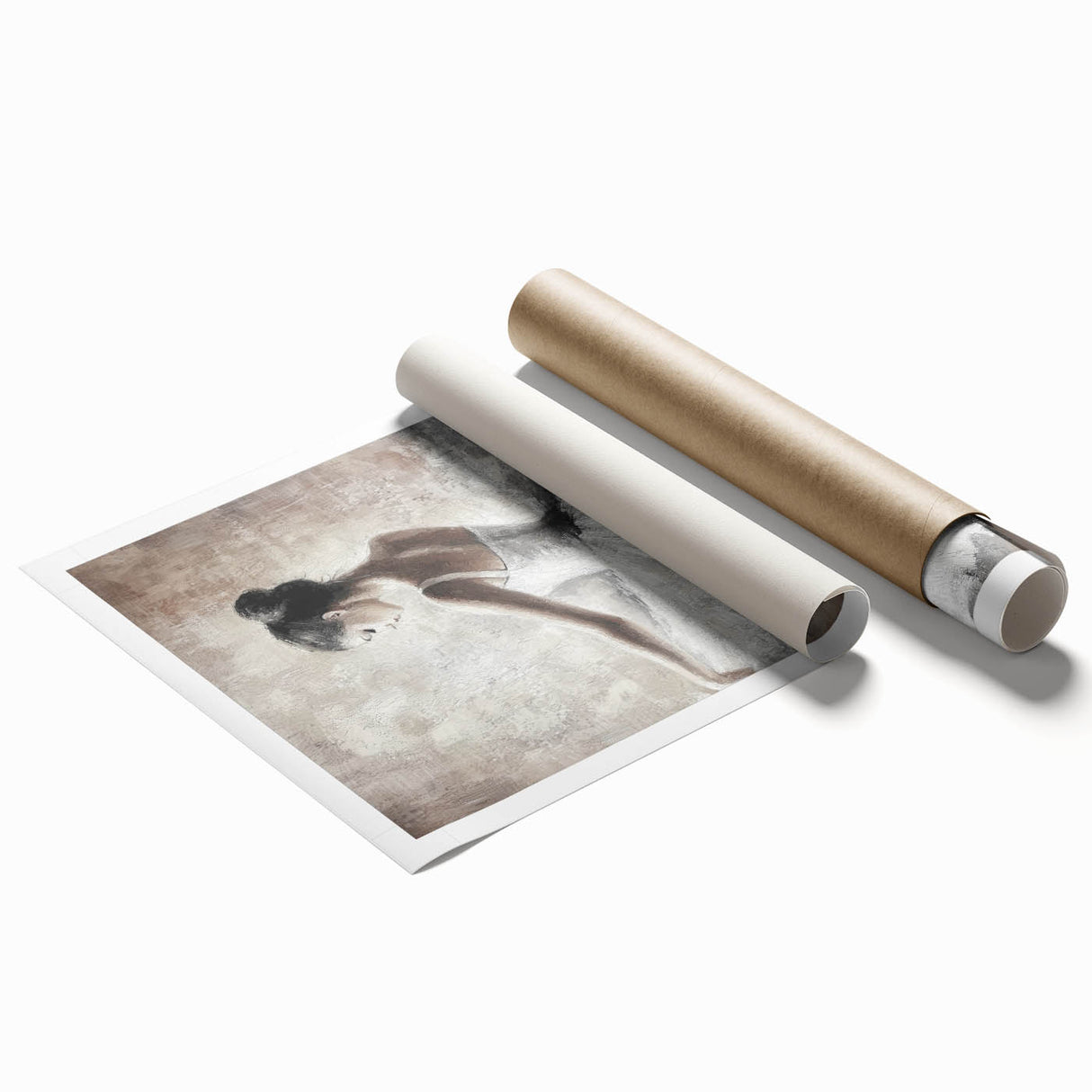 Abstract figurative wall art print rolled in a protective tube, showcasing vibrant colors and dynamic shapes, ideal for modern home decor or art enthusiasts.