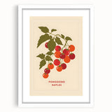 Abstract art print featuring assorted fruits in vibrant colors on a white framed mat, ideal for dining room decor.