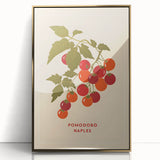 Large acrylic print of assorted fruits in a mid-century modernist style, framed in gold, suitable for modern kitchen decor.