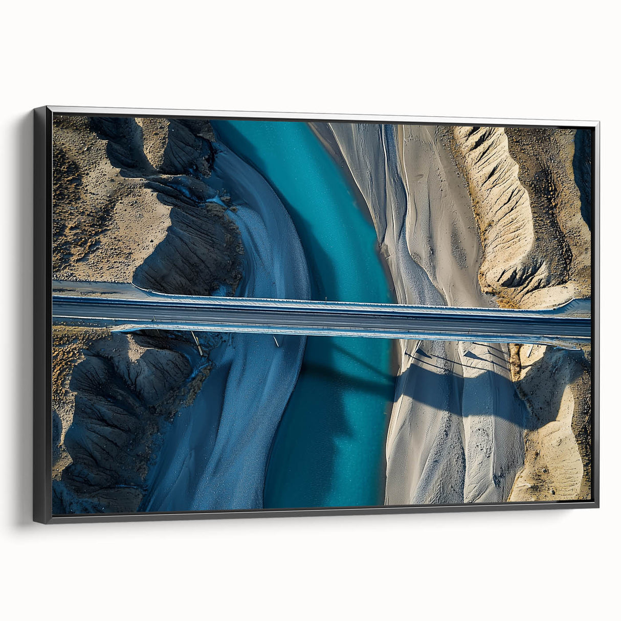 Framed landscape bridge canvas art in black, showcasing a serene river scene with vibrant greens and blues, perfect for modern home decor.