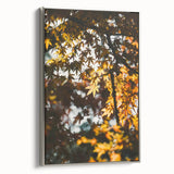 Framed canvas of a fall landscape painting with muted earth tones, ideal for living room decor.
