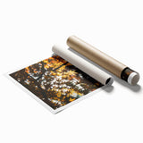 Extra large rolled print depicting fall-themed floral art in orange and brown tones, suitable for classy bathroom wall art.