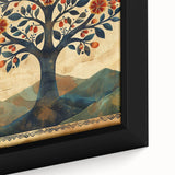 Close-up of a framed canvas depicting vibrant abstract floral designs in rich colors, perfect for modern home decor, showcasing intricate brushwork and textures.