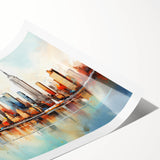 Abstract landscape wall art print showcasing vibrant colors and fluid shapes, ideal for modern home decor. The design features a blend of blues, greens, and warm earth tones, creating a serene and dynamic visual experience. Perfect for enhancing living spaces.