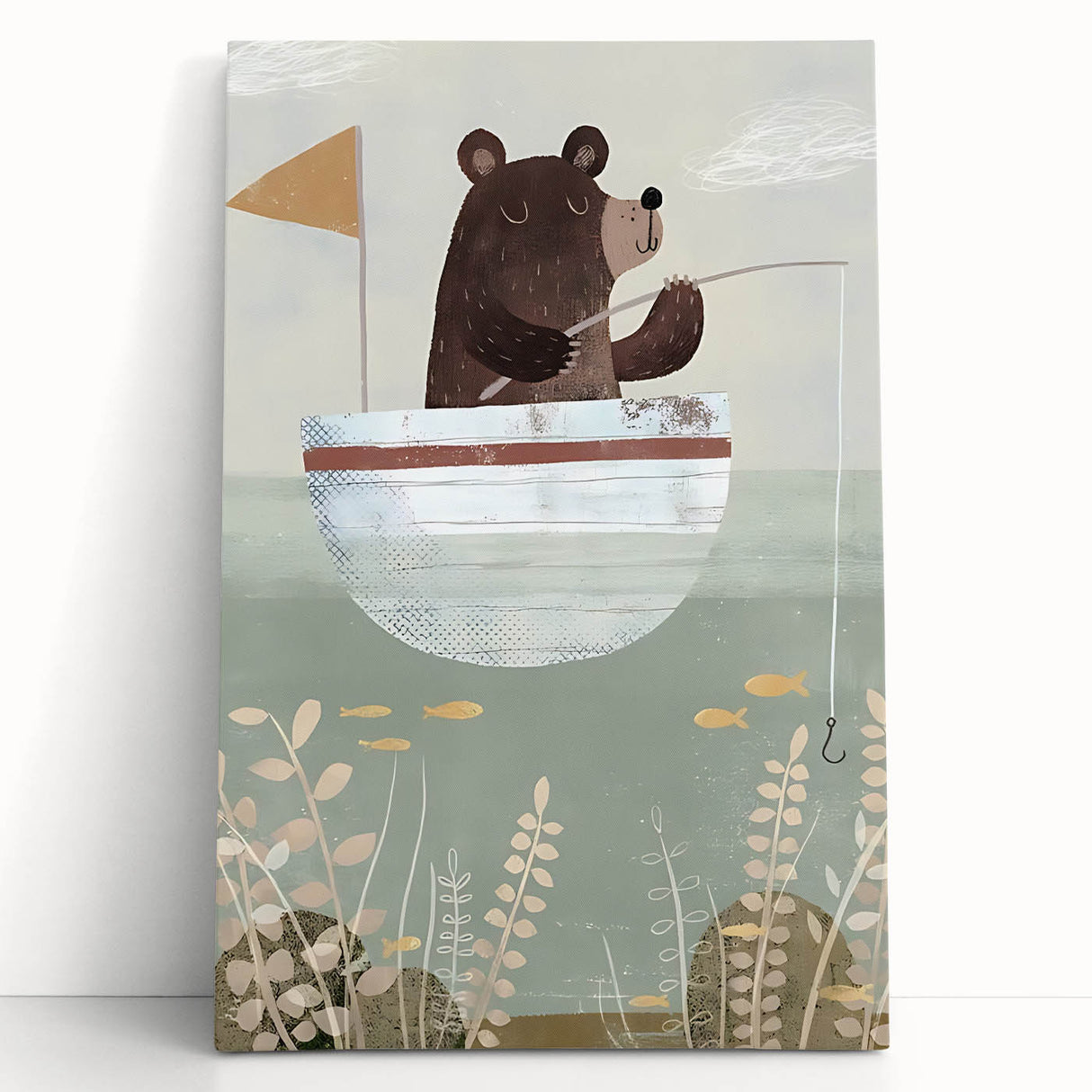 Kids Room Art Prints – Cozy Bear Fishing Illustration for Nursery