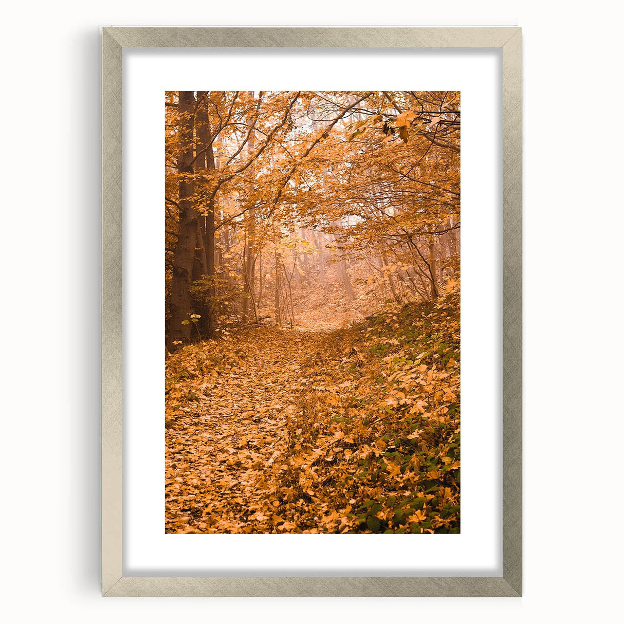 Textured abstract art print in warm autumn tones, framed in silver, ideal for bedroom ambiance.