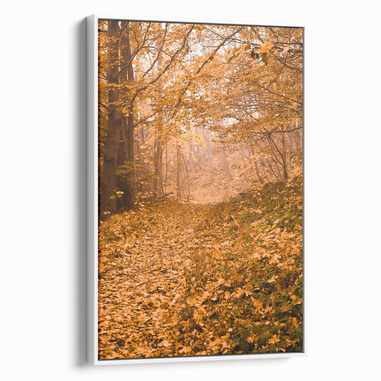 Vintage poster art of an autumn scene on framed canvas, featuring vibrant orange and red leaves, ideal for living room decor.