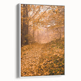 Vintage poster art of an autumn scene on framed canvas, featuring vibrant orange and red leaves, ideal for living room decor.