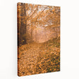 Autumn-themed stretched canvas depicting a serene forest in orange and red hues, ideal for kitchen wall art.