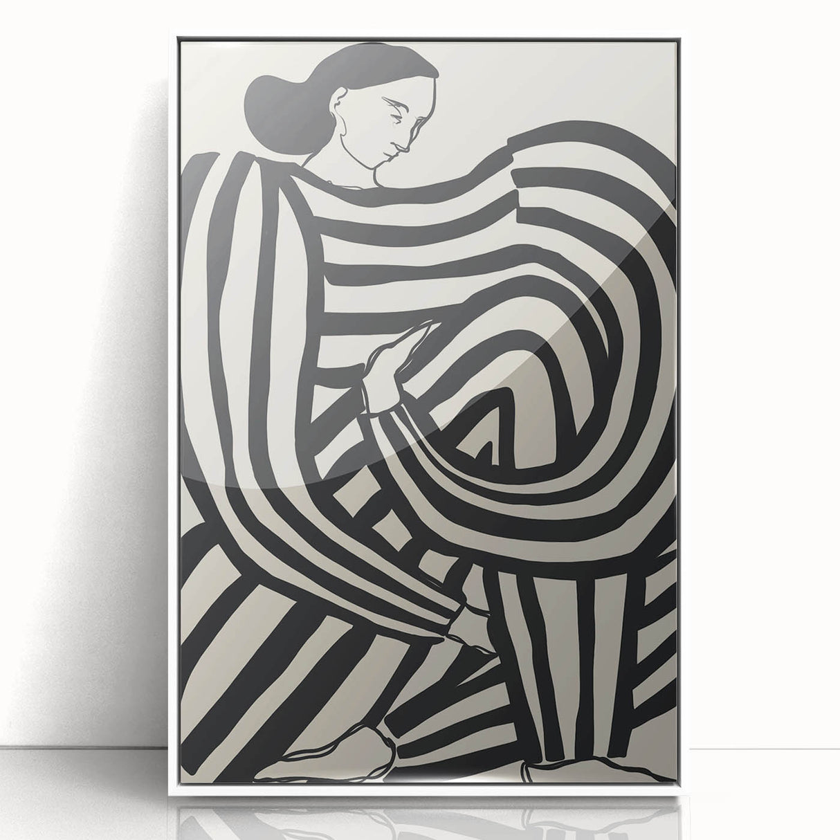 Framed abstract figurative art piece in white frame, showcasing vibrant colors and dynamic shapes, perfect for modern home decor and artistic ambiance.